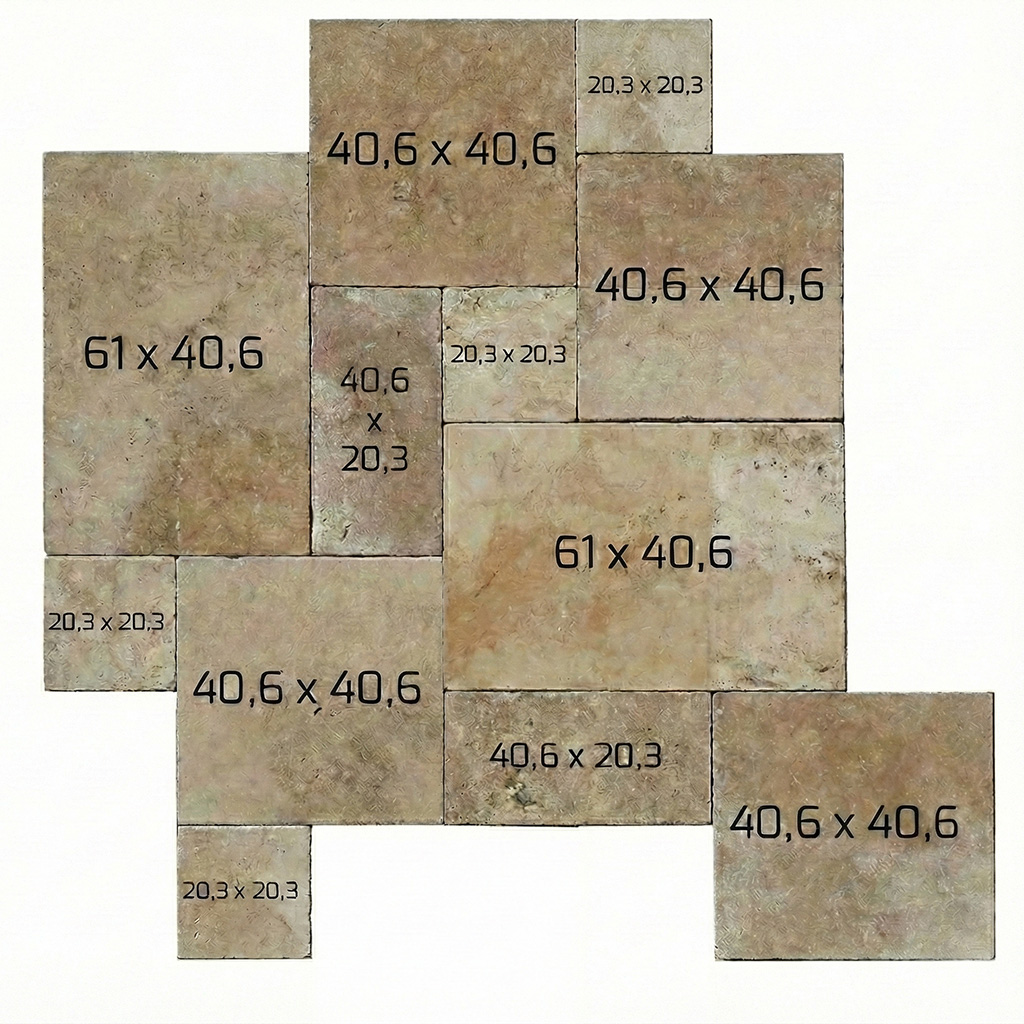 Románský patent a velikosti dlaždic - dlažba travertin